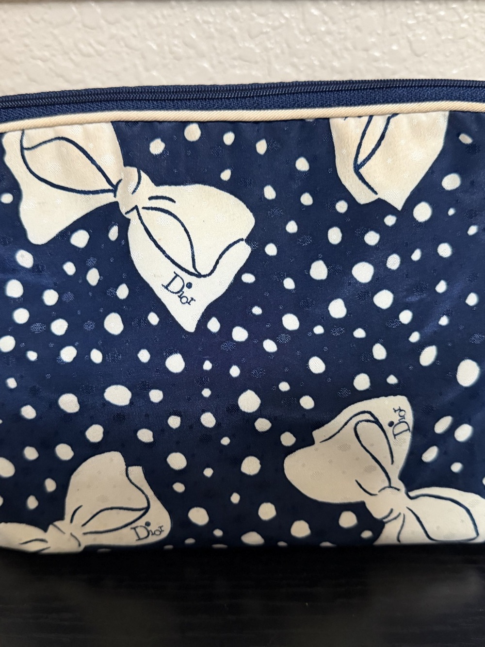 Vintage Dior Cosmetic Pouch - blue polkadot with bows